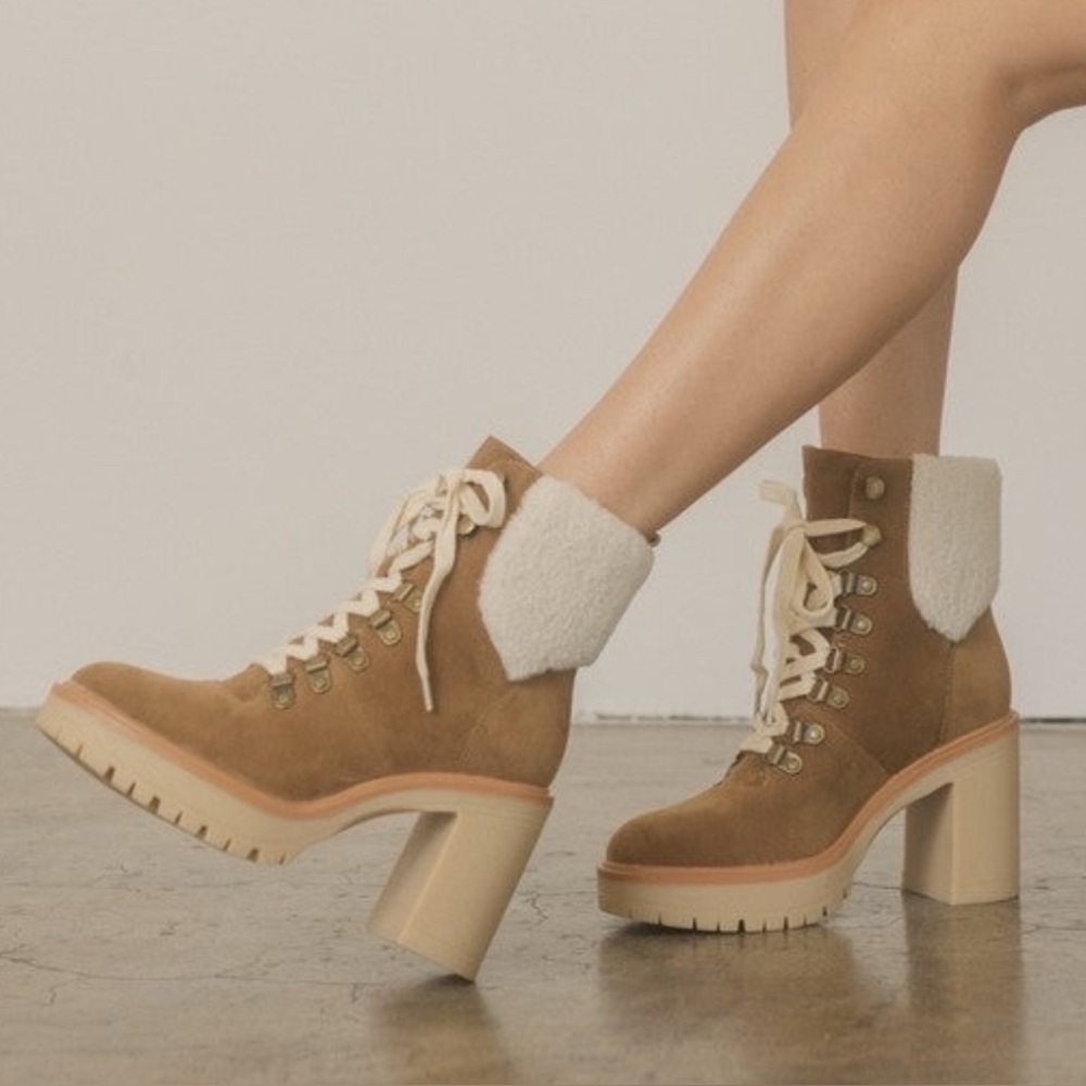 NWT Oasis Society Madilyn Camel Lace Up Chunky Heeled Boots Vegan Suede - Picture 8 of 8
